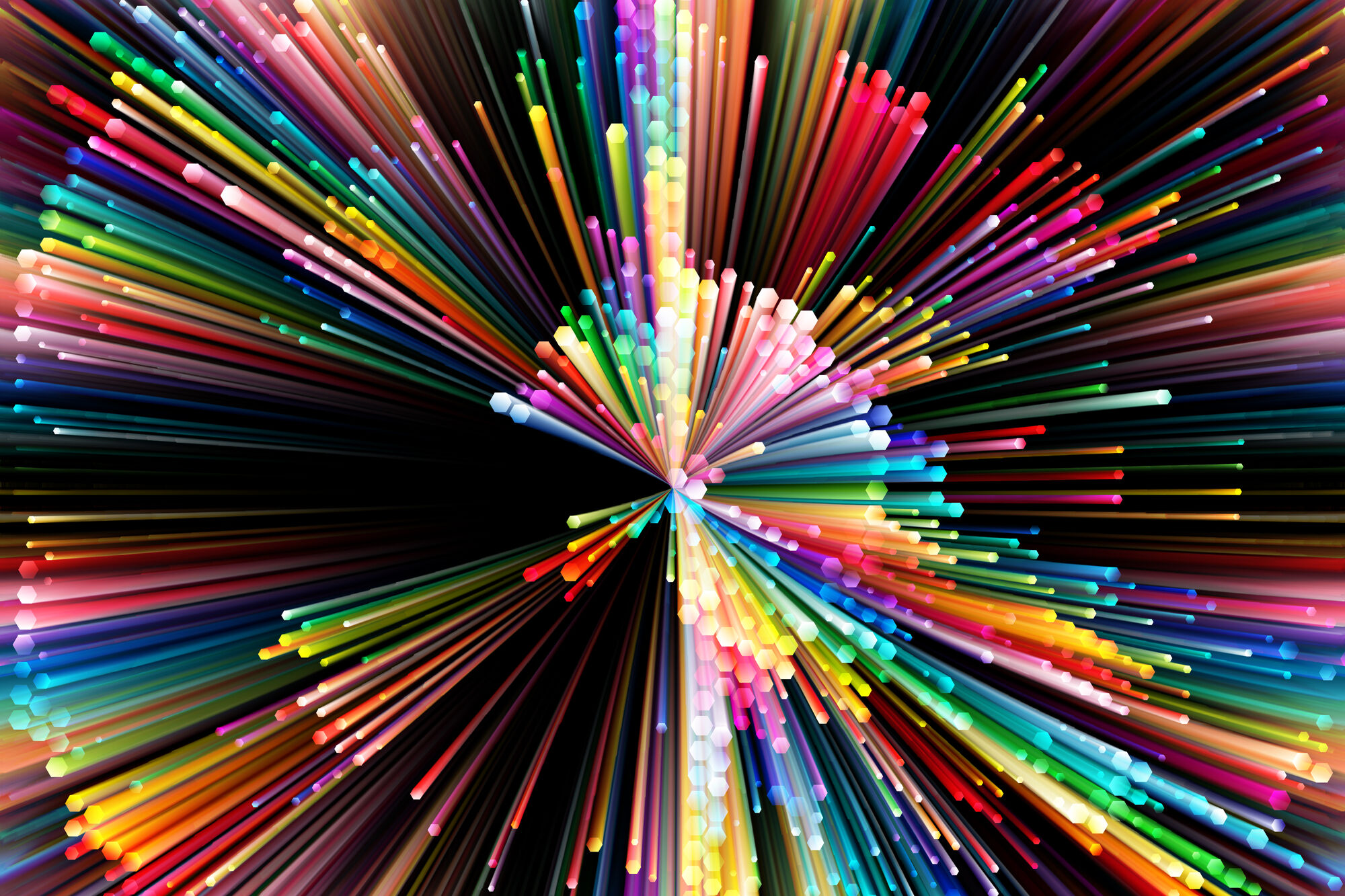 multi colored rods expanding from a center point against a black background