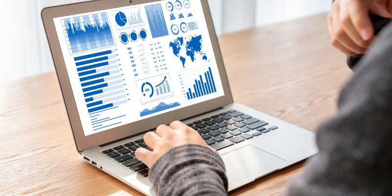 Person analyzing graphs and charts on a laptop screen.