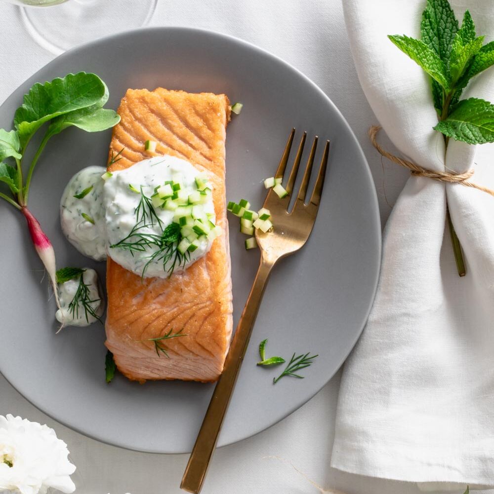 salmon with cucumber yogurt