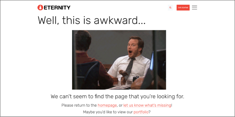 A humorous 404 error page with a "Well, this is awkward" message and a surprised man in an office setting.